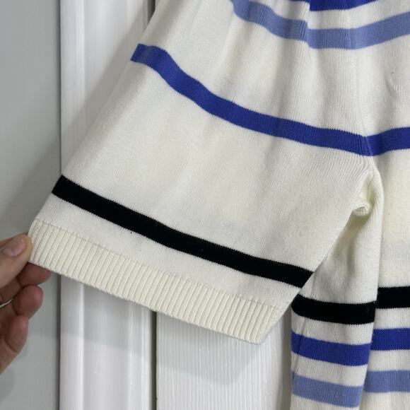 Talbots Womens Sweater XL Cream Oatmeal Blue Striped Knit Short Sleeve - Picture 6 of 9